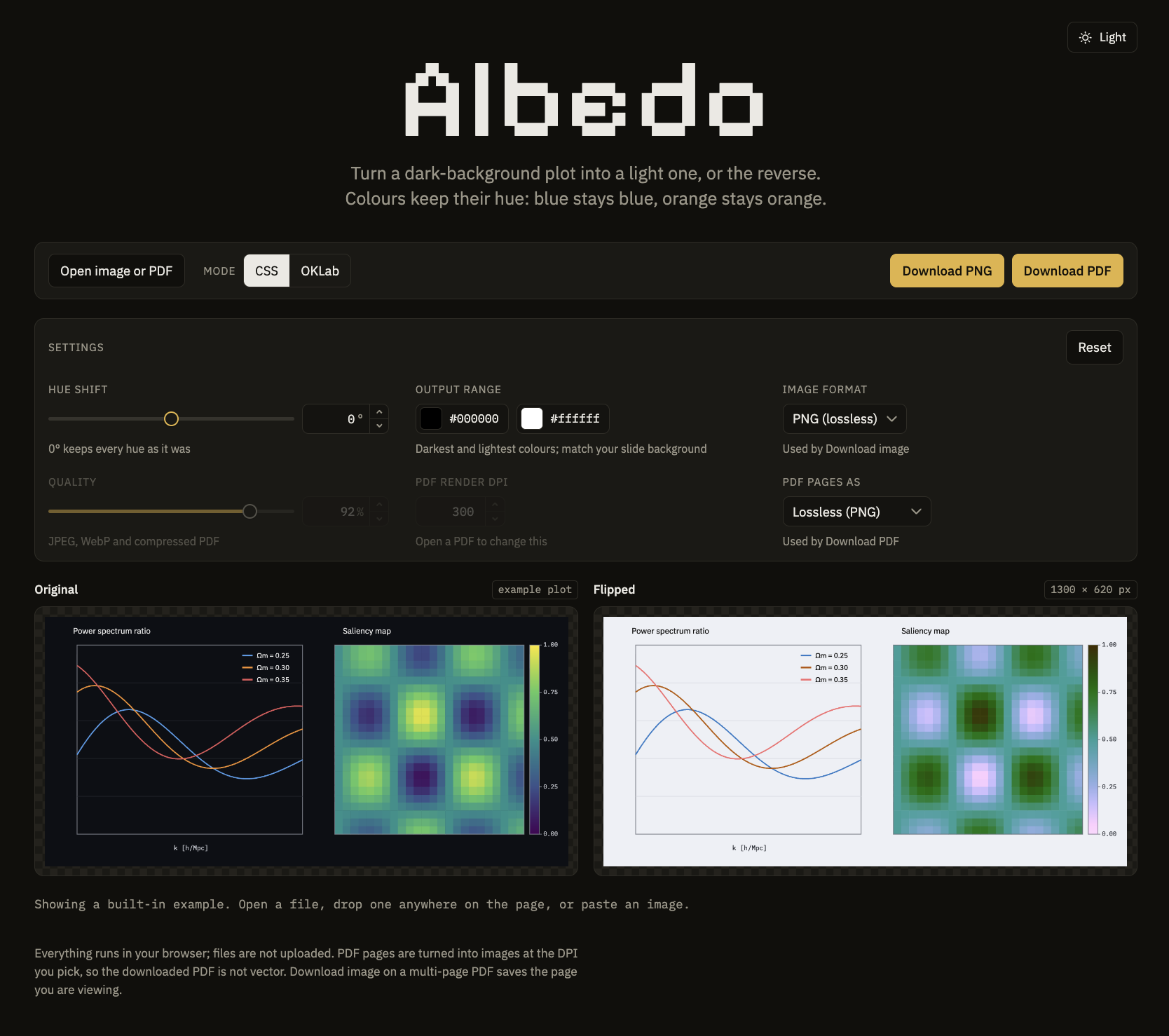 Screenshot of the Albedo web app, dark theme